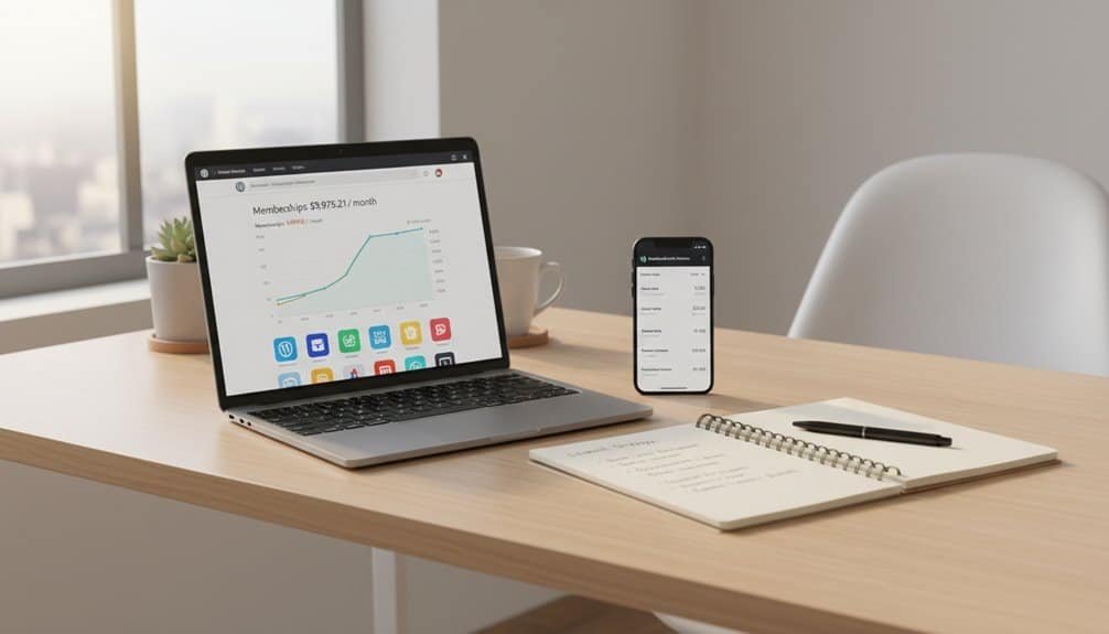 WordPress Membership Sites: The $10K Monthly Revenue Blueprint 2 Clean workspace showing website analytics on laptop and mobile device, with a notepad, pen, and plant. Ideal for website management and performance monitoring.