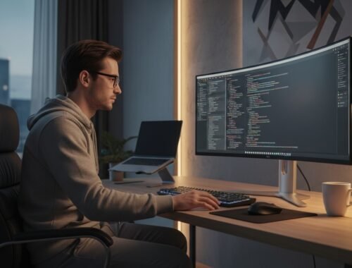 An individual working on programming or web development at a modern desk with a large curved monitor displaying code, a laptop, and minimalist decor in a contemporary office setting.