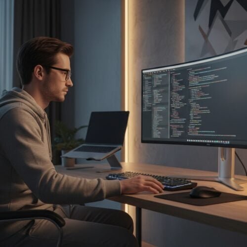 An individual working on programming or web development at a modern desk with a large curved monitor displaying code, a laptop, and minimalist decor in a contemporary office setting.