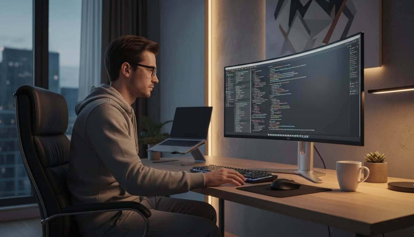 An individual working on programming or web development at a modern desk with a large curved monitor displaying code, a laptop, and minimalist decor in a contemporary office setting.