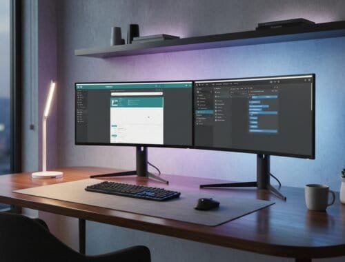 Enhance your website workflow with dual monitors displaying web tools, a sleek keyboard, mouse, desk lamp, and decorative plants on a modern wooden desk.