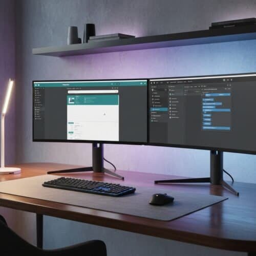 Enhance your website workflow with dual monitors displaying web tools, a sleek keyboard, mouse, desk lamp, and decorative plants on a modern wooden desk.