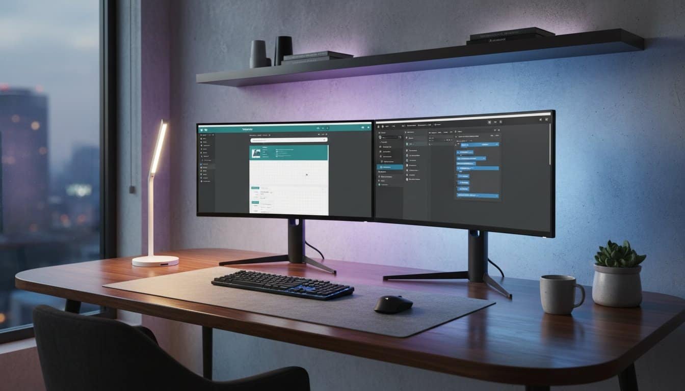 Enhance your website workflow with dual monitors displaying web tools, a sleek keyboard, mouse, desk lamp, and decorative plants on a modern wooden desk.