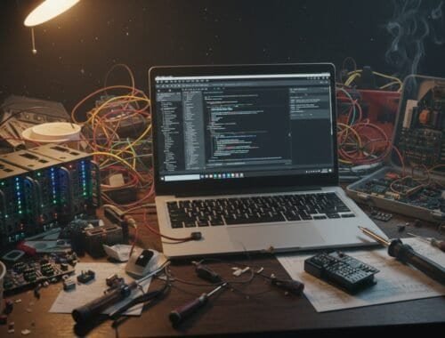Alt: Cluttered tech workspace featuring a laptop displaying coding, along with electronic components, circuit boards, soldering tools, and wires scattered across the desk.