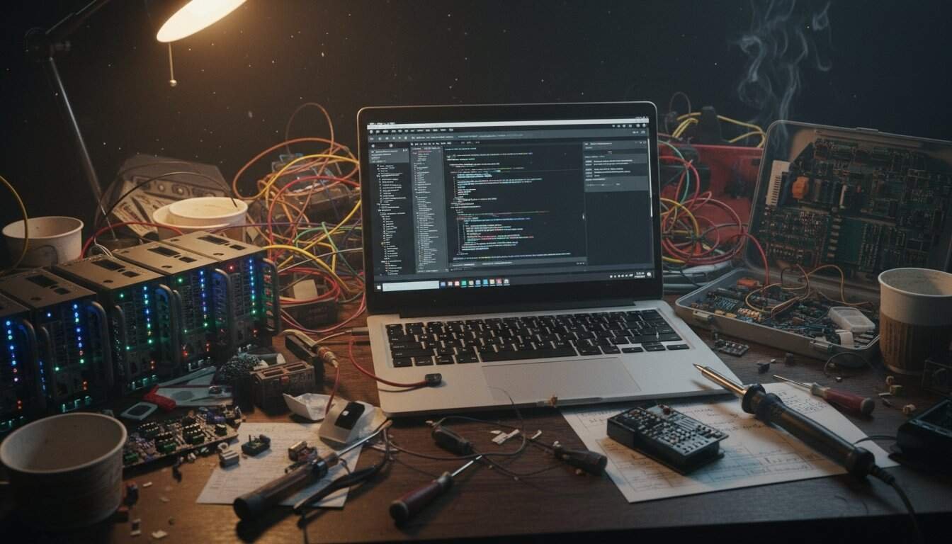 Alt: Cluttered tech workspace featuring a laptop displaying coding, along with electronic components, circuit boards, soldering tools, and wires scattered across the desk.