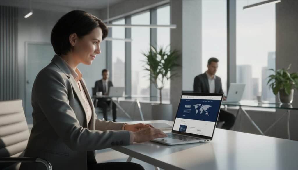 Elegant businesswoman working on laptop in modern office with city view.