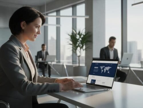 Elegant businesswoman working on laptop in modern office with city view.