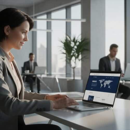 WooCommerce Store Owners Are Switching to This Agency Method 7 Elegant businesswoman working on laptop in modern office with city view.