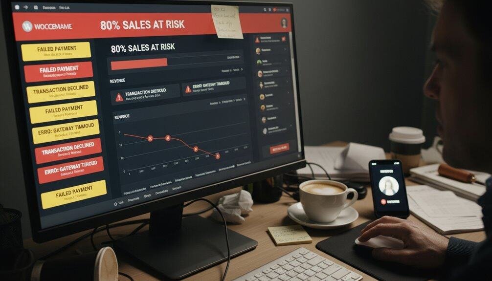 An image of a computer monitor displaying a website troubleshooting dashboard showing error messages, sales risk alerts, and transaction decline data, with a person working on a desk with a coffee cup and smartphone.