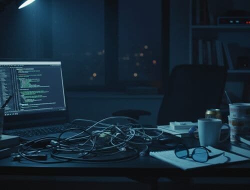 An Overwhelmed Developer's Night: Cluttered desk with coding laptop, coffee cups, tangled cables, glasses, and notebooks, highlighting late-night work atmosphere in a cozy home office setting.