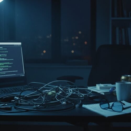 An Overwhelmed Developer's Night: Cluttered desk with coding laptop, coffee cups, tangled cables, glasses, and notebooks, highlighting late-night work atmosphere in a cozy home office setting.