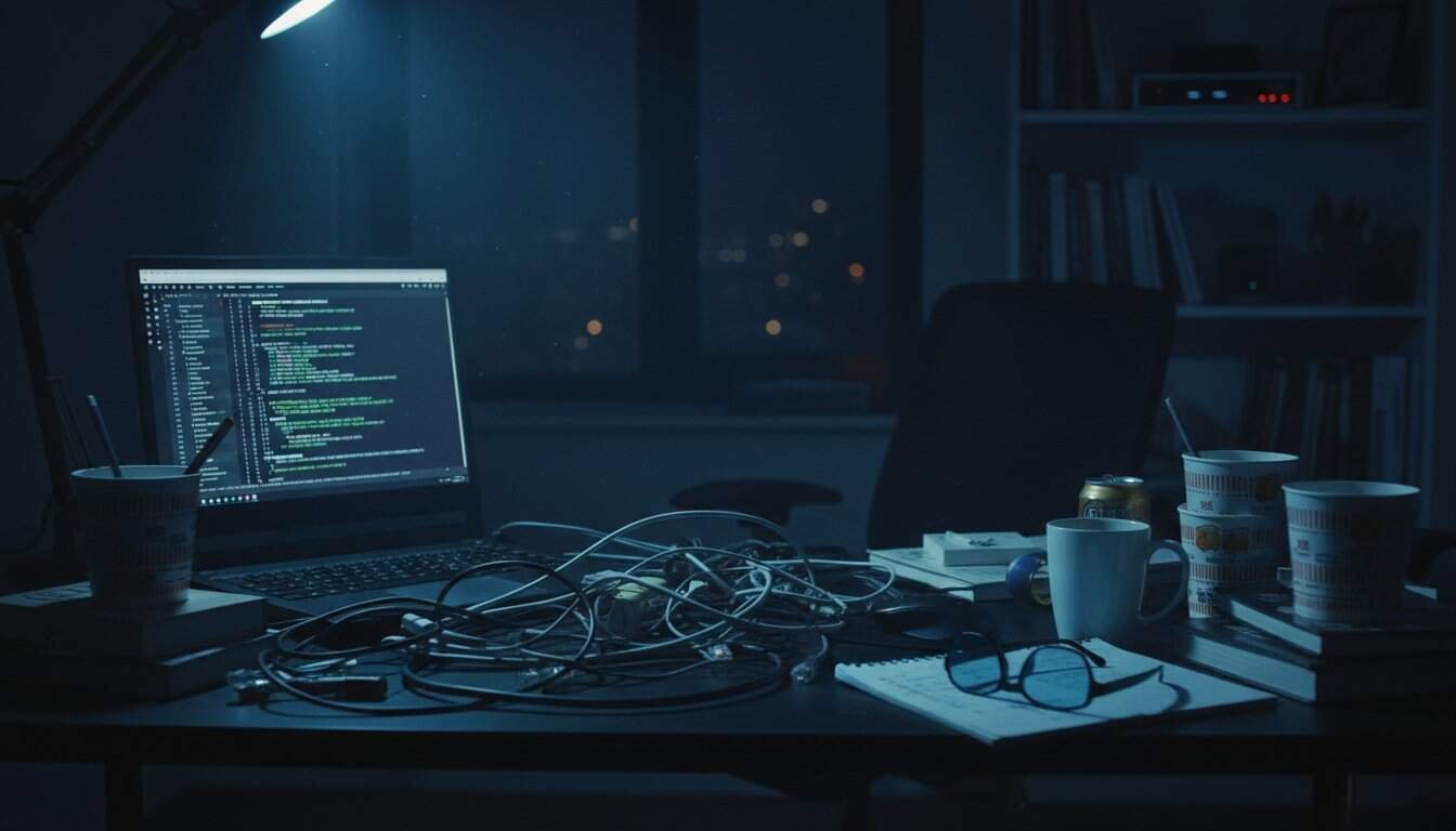 An Overwhelmed Developer's Night: Cluttered desk with coding laptop, coffee cups, tangled cables, glasses, and notebooks, highlighting late-night work atmosphere in a cozy home office setting.