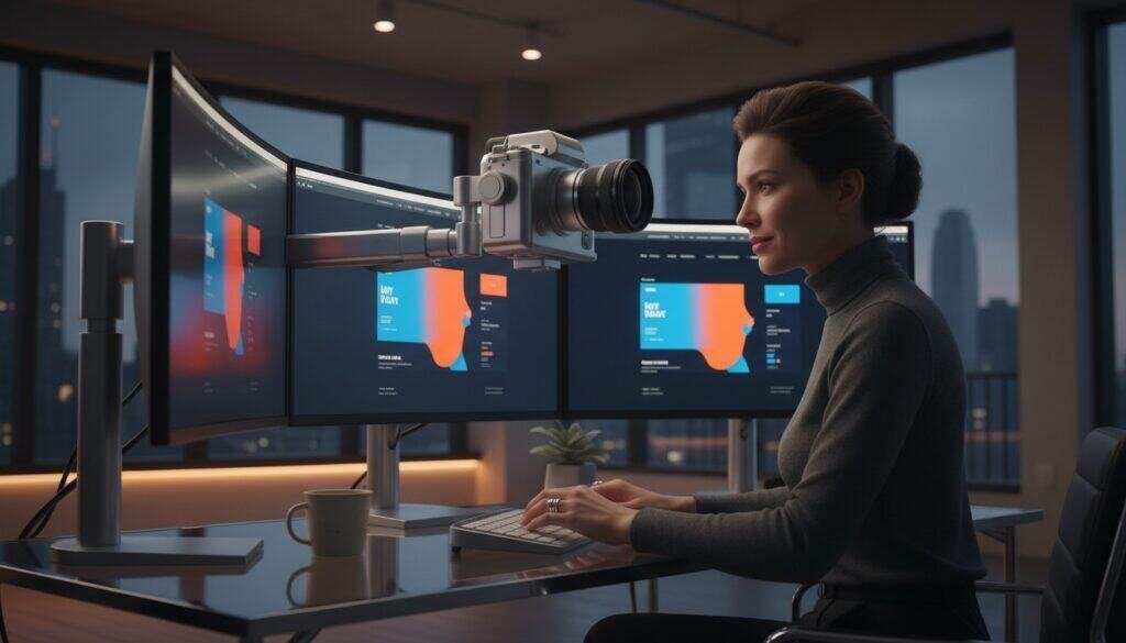 A woman working at a modern desk with three curved monitors displaying colorful data visuals, accompanied by a high-end camera attached to the monitors, in a sleek, high-tech office environment during evening hours.