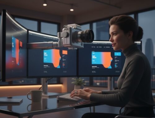 A woman working at a modern desk with three curved monitors displaying colorful data visuals, accompanied by a high-end camera attached to the monitors, in a sleek, high-tech office environment during evening hours.