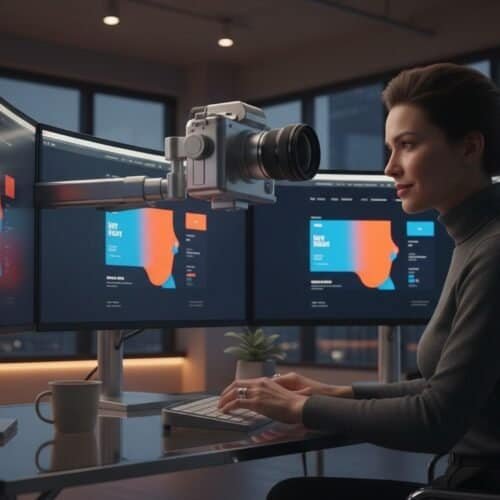 WordPress Design Agency Reveals: Why Beautiful Sites Fail Instantly 8 A woman working at a modern desk with three curved monitors displaying colorful data visuals, accompanied by a high-end camera attached to the monitors, in a sleek, high-tech office environment during evening hours.