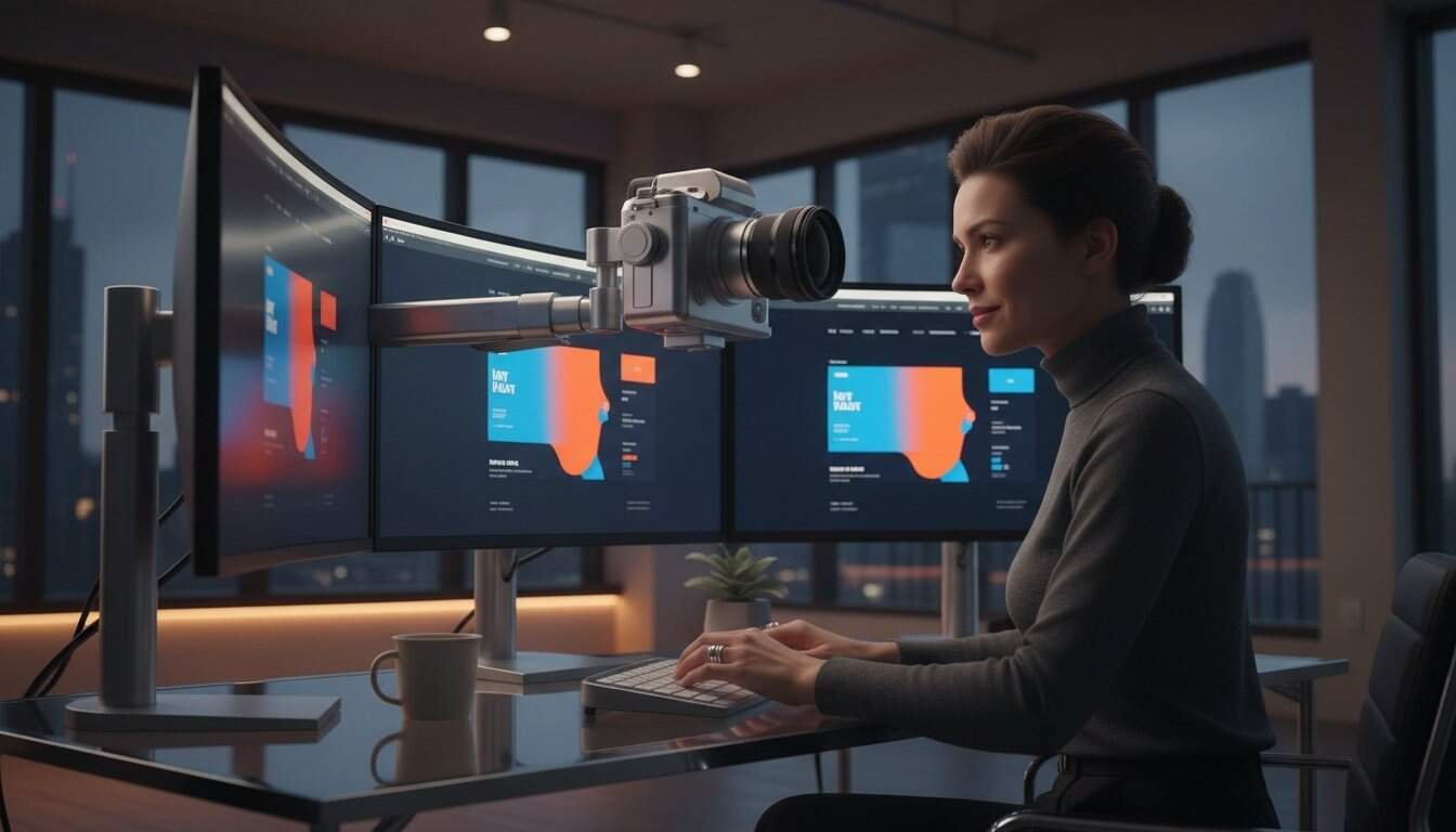 WordPress Design Agency Reveals: Why Beautiful Sites Fail Instantly 1 A woman working at a modern desk with three curved monitors displaying colorful data visuals, accompanied by a high-end camera attached to the monitors, in a sleek, high-tech office environment during evening hours.
