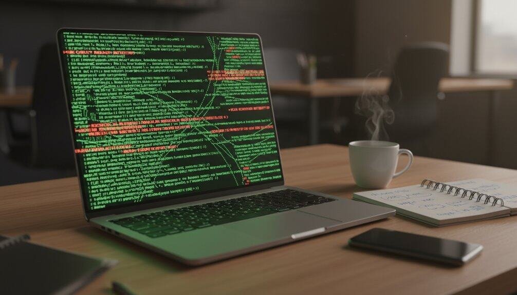 Laptop with code, coffee, smartphone, and notebook on a workspace.