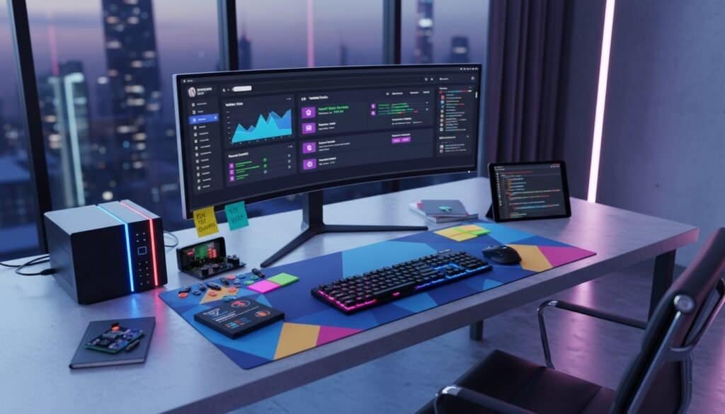 High-tech office workspace with dual monitors displaying analytics and coding, surrounded by gadgets, sticky notes, and colorful accessories in a modern cityscape setting.