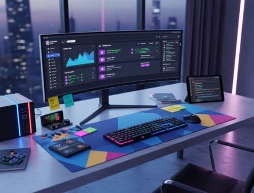 High-tech office workspace with dual monitors displaying analytics and coding, surrounded by gadgets, sticky notes, and colorful accessories in a modern cityscape setting.