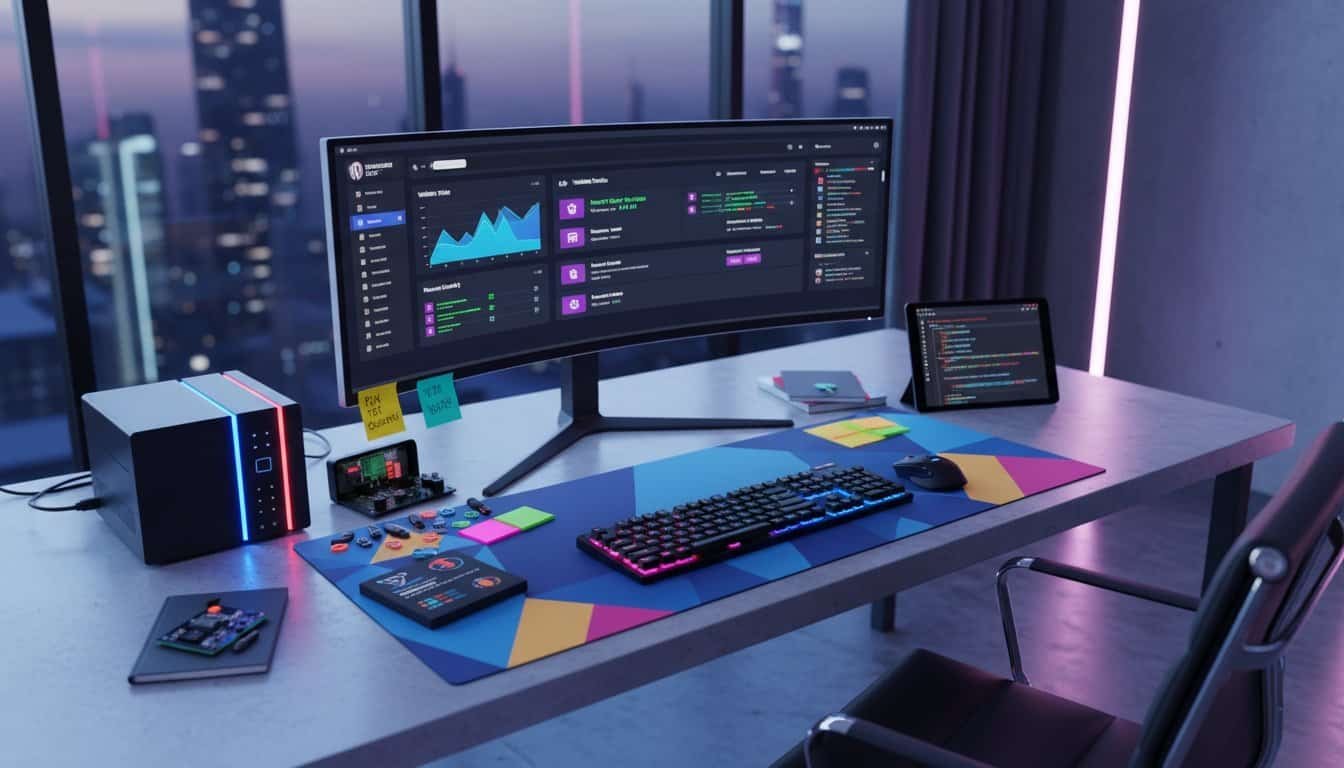 WordPress Hacked? This 5-Minute Fix Saved 10,000 Sites 1 High-tech office workspace with dual monitors displaying analytics and coding, surrounded by gadgets, sticky notes, and colorful accessories in a modern cityscape setting.