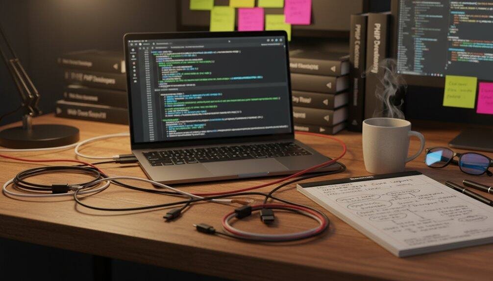A workspace featuring a laptop with code on the screen, multiple cables, a notebook, a steaming coffee mug, and a secondary monitor with sticky notes, ideal for web development or programming tasks.