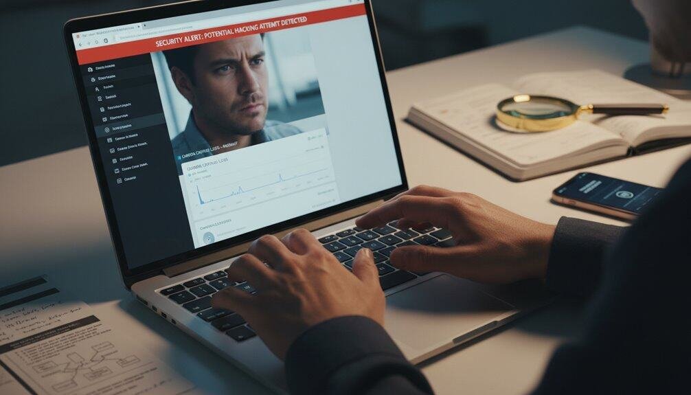 WordPress Hacked? This 5-Minute Fix Saved 10,000 Sites 2 A person analyzing website security alerts on a laptop screen, highlighting cybersecurity monitoring and website management tools.