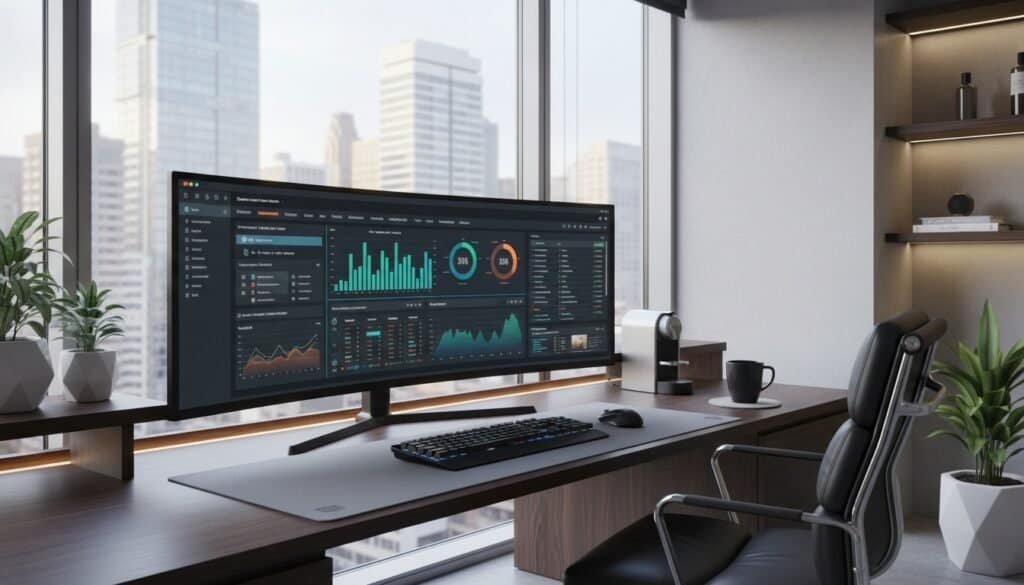 An advanced office workspace featuring a wide monitor displaying website analytics, SEO metrics, and data visualizations, with a sleek desk, ergonomic chair, indoor plants, and a cityscape view through large windows.