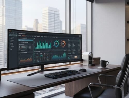 An advanced office workspace featuring a wide monitor displaying website analytics, SEO metrics, and data visualizations, with a sleek desk, ergonomic chair, indoor plants, and a cityscape view through large windows.
