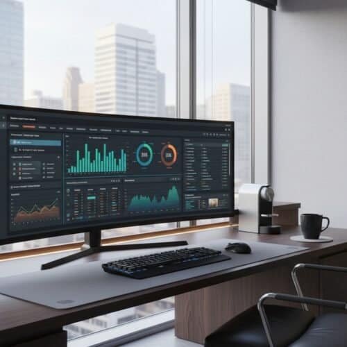 An advanced office workspace featuring a wide monitor displaying website analytics, SEO metrics, and data visualizations, with a sleek desk, ergonomic chair, indoor plants, and a cityscape view through large windows.