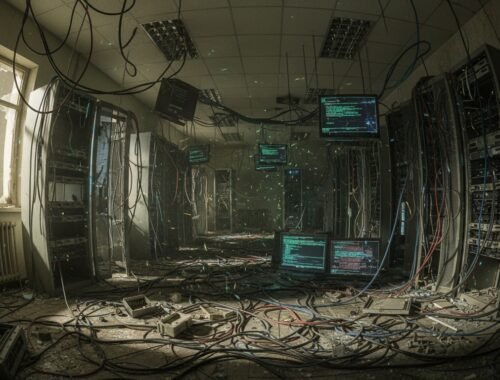 A damaged server room filled with tangled cables, broken equipment, and malfunctioning monitors, illustrating cyberattack aftermath, network failure, and data center disarray.