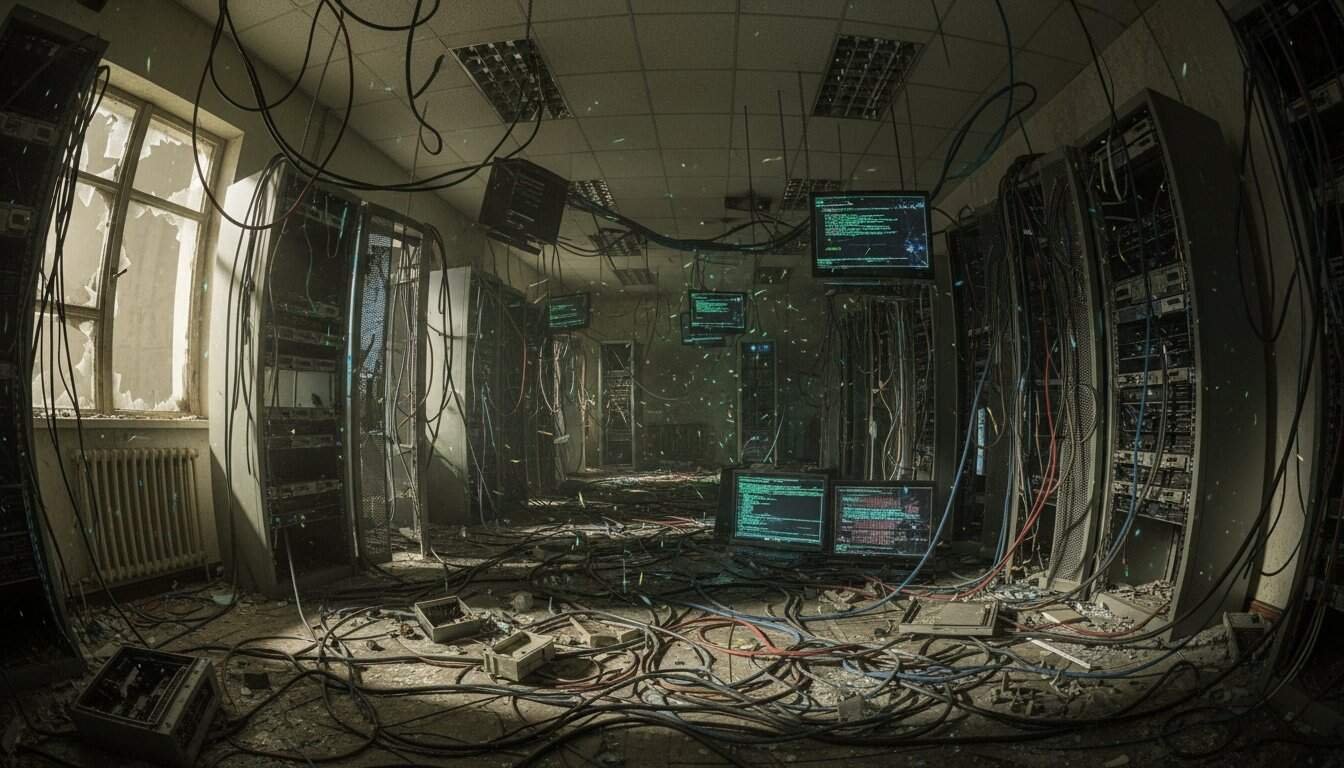 A damaged server room filled with tangled cables, broken equipment, and malfunctioning monitors, illustrating cyberattack aftermath, network failure, and data center disarray.
