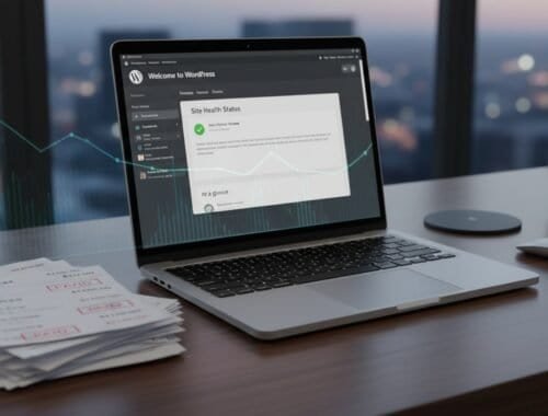 A laptop displaying WordPress site health status with graphs, reports, and analytics, alongside receipts and office accessories on a wooden desk, illustrating website management and digital marketing tools.
