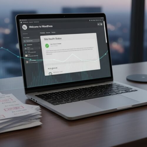 A laptop displaying WordPress site health status with graphs, reports, and analytics, alongside receipts and office accessories on a wooden desk, illustrating website management and digital marketing tools.
