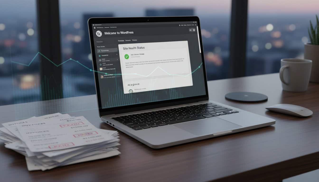 WordPress Monthly Plans: Why $50 Packages Are Secretly Dangerous 1 A laptop displaying WordPress site health status with graphs, reports, and analytics, alongside receipts and office accessories on a wooden desk, illustrating website management and digital marketing tools.
