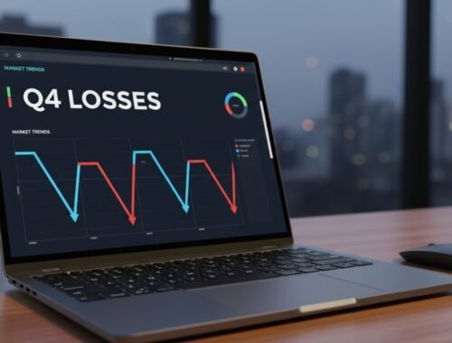 Analyzing Q4 losses with market trend graphs and data charts on a sleek laptop for business insights.