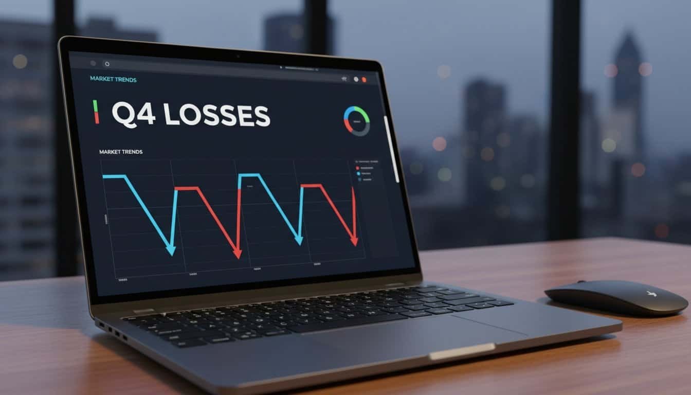 Analyzing Q4 losses with market trend graphs and data charts on a sleek laptop for business insights.