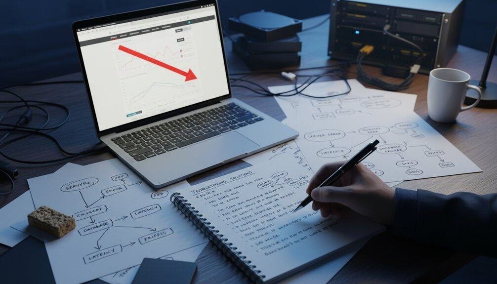 Efficiently analyzing website performance, SEO metrics, and digital strategies using charts, handwritten notes, and planning sheets on a modern desk setup for web optimization.