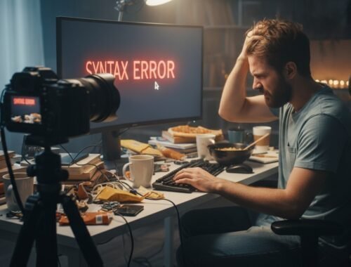Man frustrated with "Syntax Error" on monitor, surrounded by cluttered workspace with snacks and coffee, illustrating coding issues and debugging challenges.