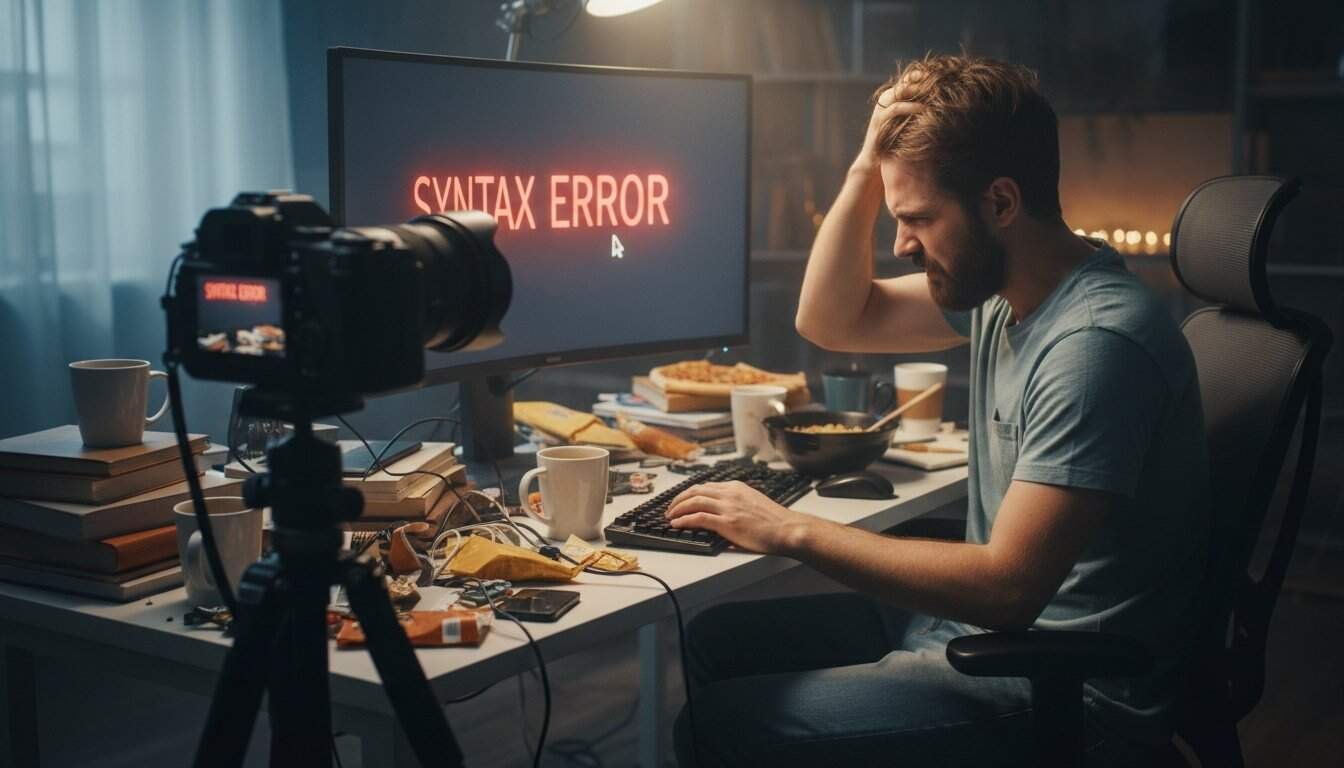 Man frustrated with "Syntax Error" on monitor, surrounded by cluttered workspace with snacks and coffee, illustrating coding issues and debugging challenges.