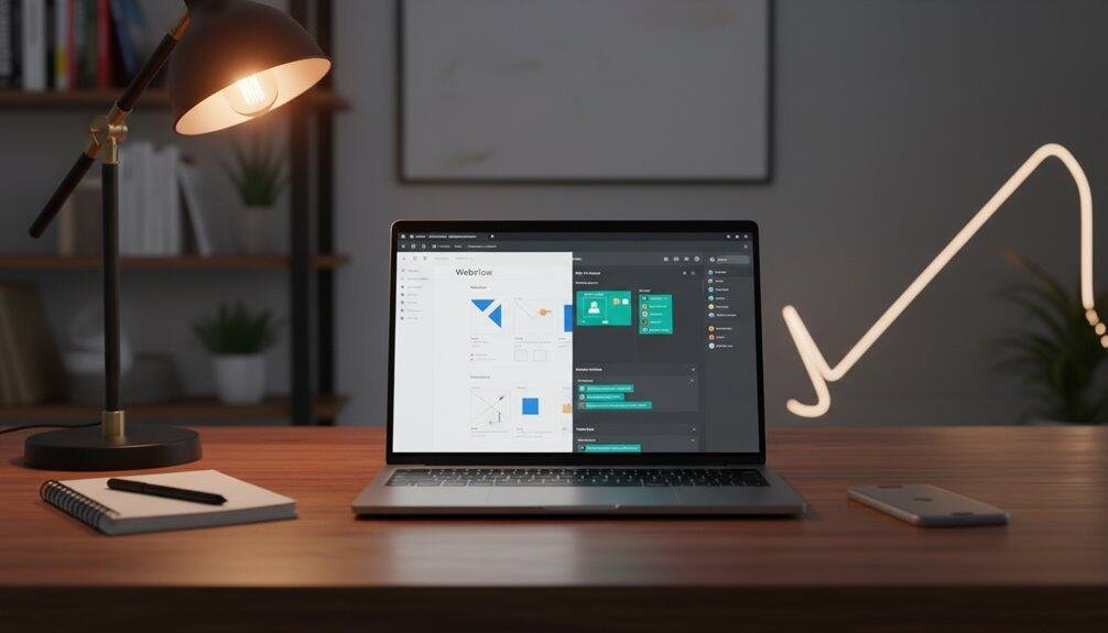 A sleek workspace featuring a laptop displaying website design tools, with a modern desk lamp, notebook, pen, and plant, illustrating professional website management and digital design.