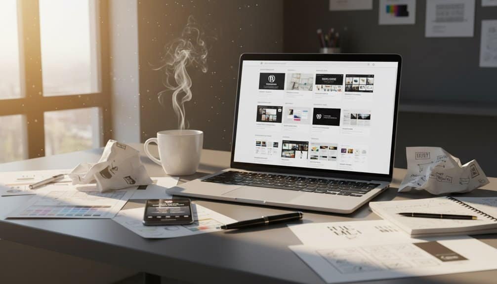 Efficient SEO website tools review on a laptop with design sketches, papers, and a steaming coffee cup in a bright workspace.