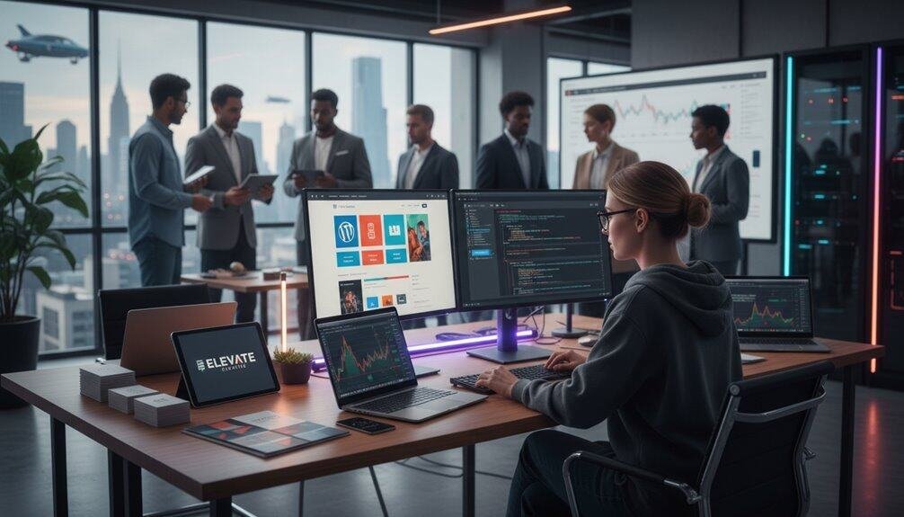 A professional team working with multiple monitors displaying website and coding interfaces in a modern office with a city skyline background. Concept of web development and digital collaboration.