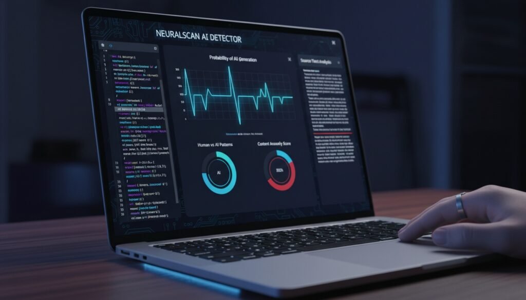 Laptop displaying neural network analysis with graphs and data, highlighting AI detection technology in a dark workspace.