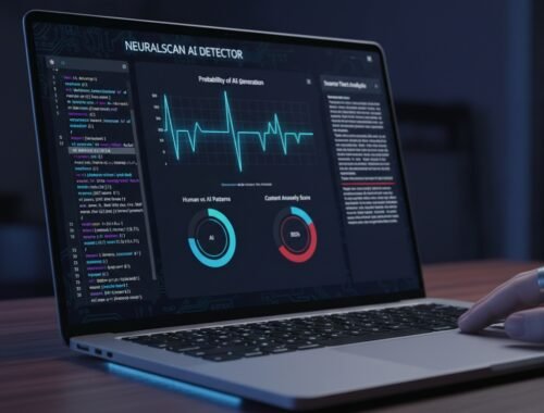 Laptop displaying neural network analysis with graphs and data, highlighting AI detection technology in a dark workspace.