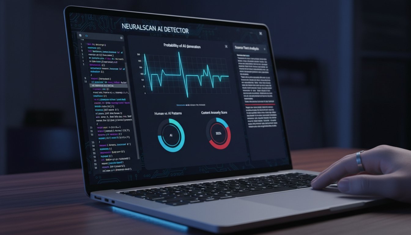 Laptop displaying neural network analysis with graphs and data, highlighting AI detection technology in a dark workspace.