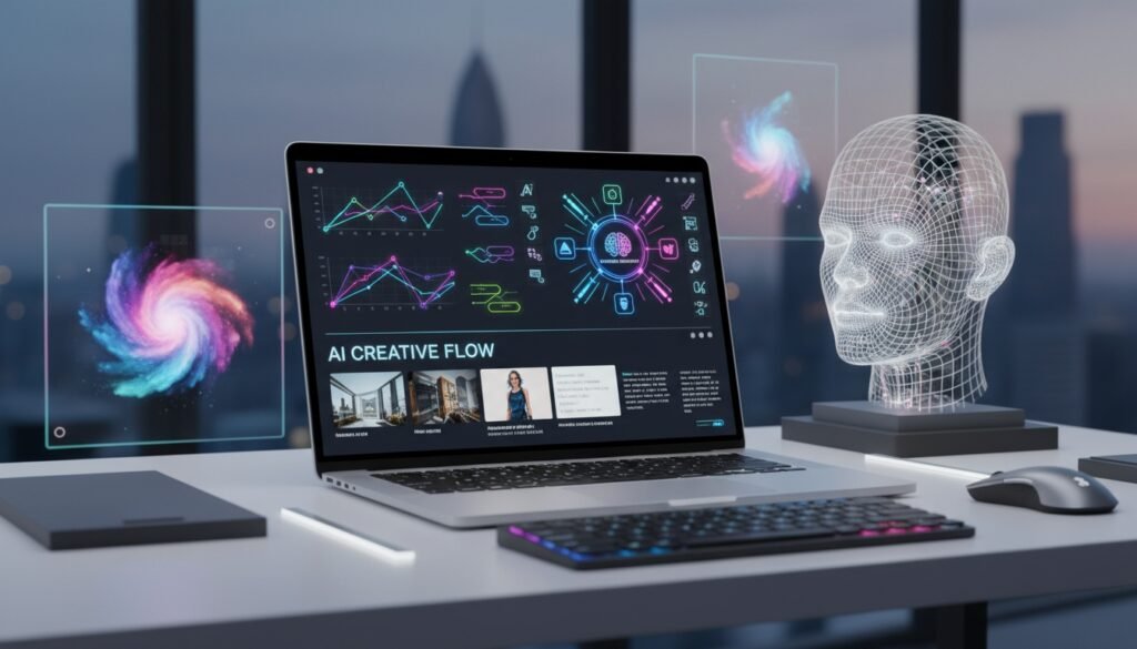 Modern workspace with AI-powered digital tools including a holographic human head, digital screens displaying data, and a laptop showcasing AI creative flow for website development.