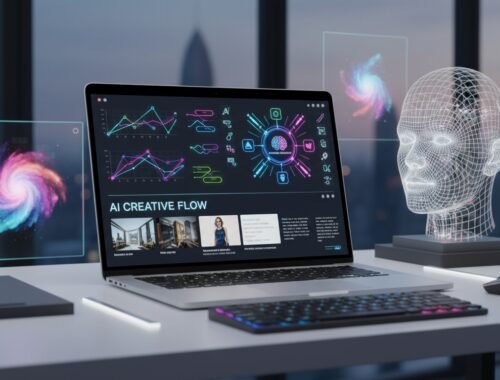 Modern workspace with AI-powered digital tools including a holographic human head, digital screens displaying data, and a laptop showcasing AI creative flow for website development.