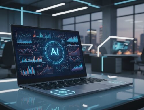 Modern laptop displaying AI data analytics with charts and graphs in a high-tech office environment.