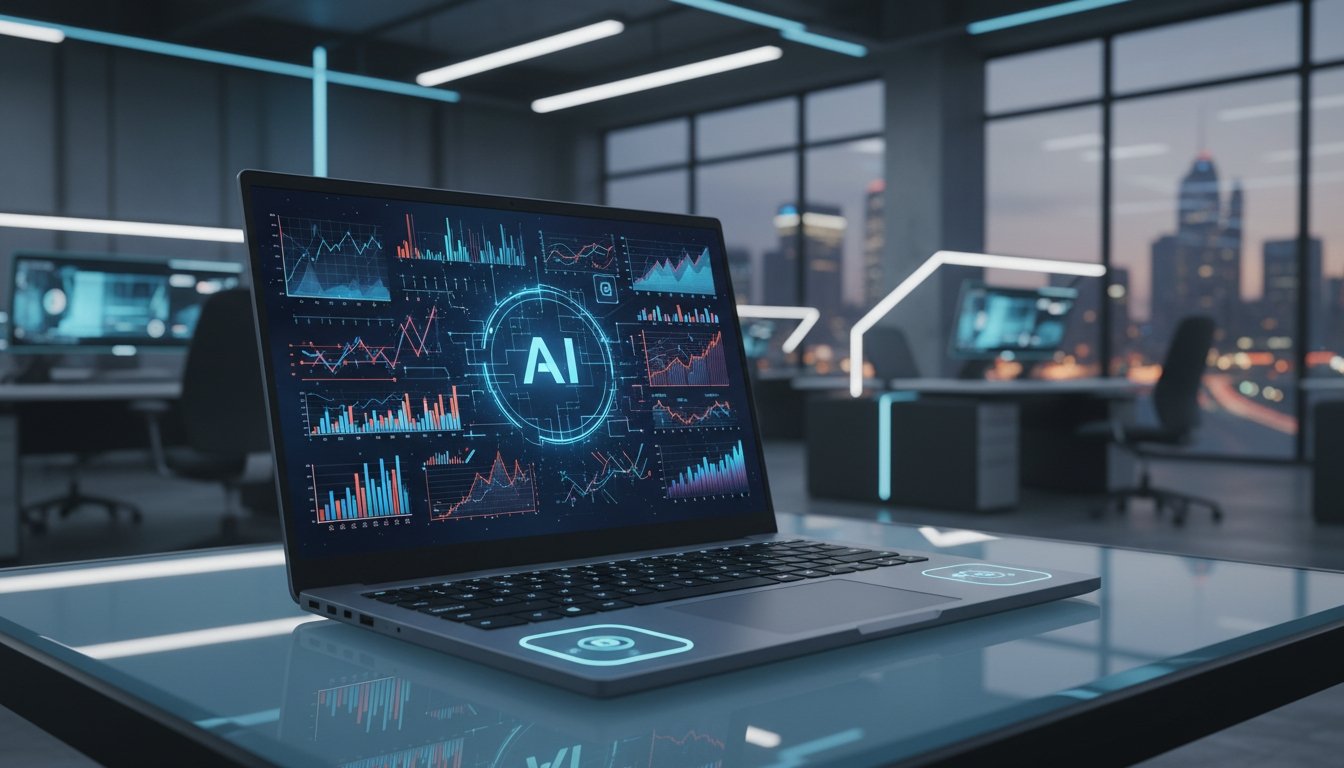Modern laptop displaying AI data analytics with charts and graphs in a high-tech office environment.