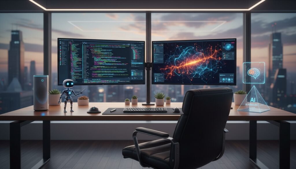 Modern workspace with dual monitors displaying coding and AI graphics, a sleek desk setup, and city skyline view, ideal for web development and tech projects.